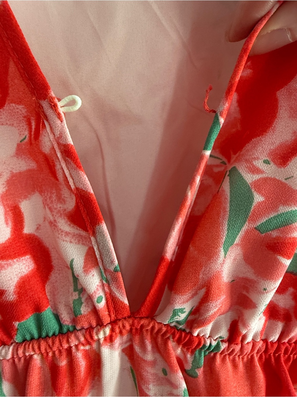 Floral V-Neck Red Maxi Dress w/ Missing Button - Picture 3 of 13